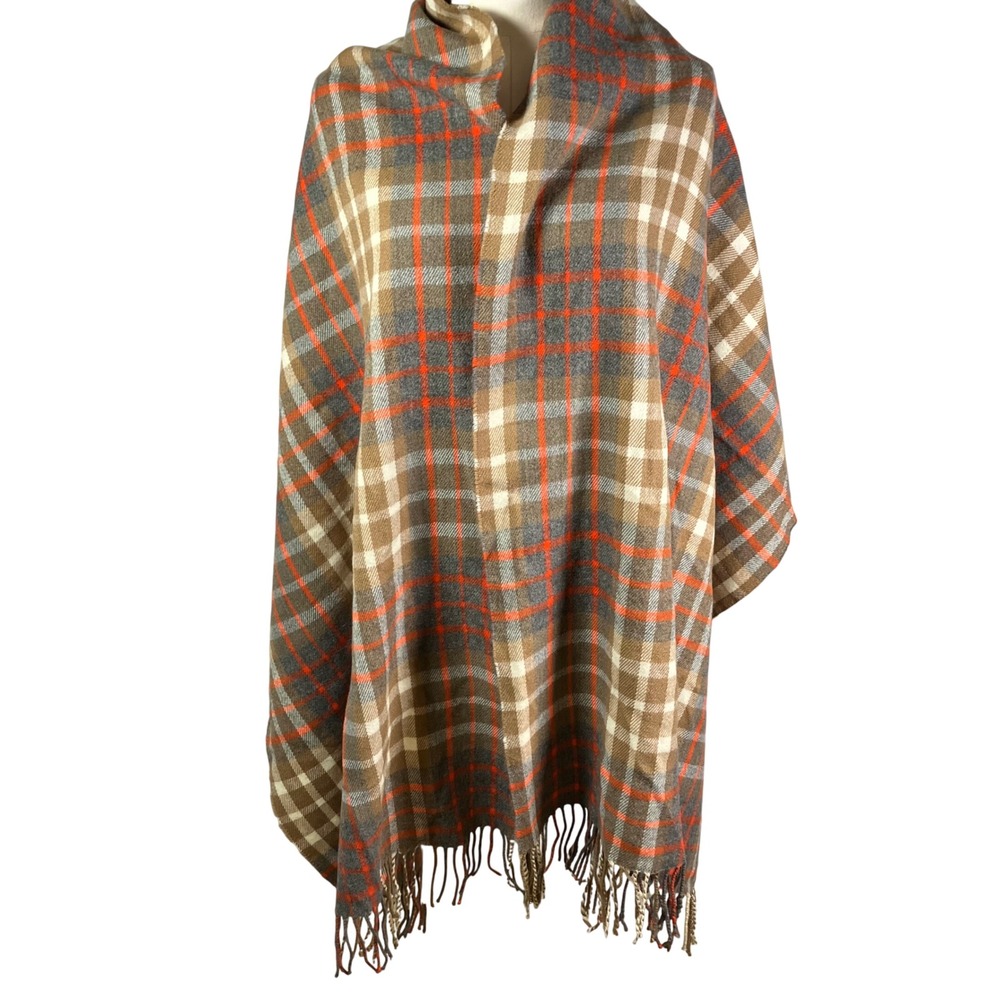 J. Crew Plaid Blanket Scarf Shawl Wrap Fringe‎ Tan Gray Orange Check One Size